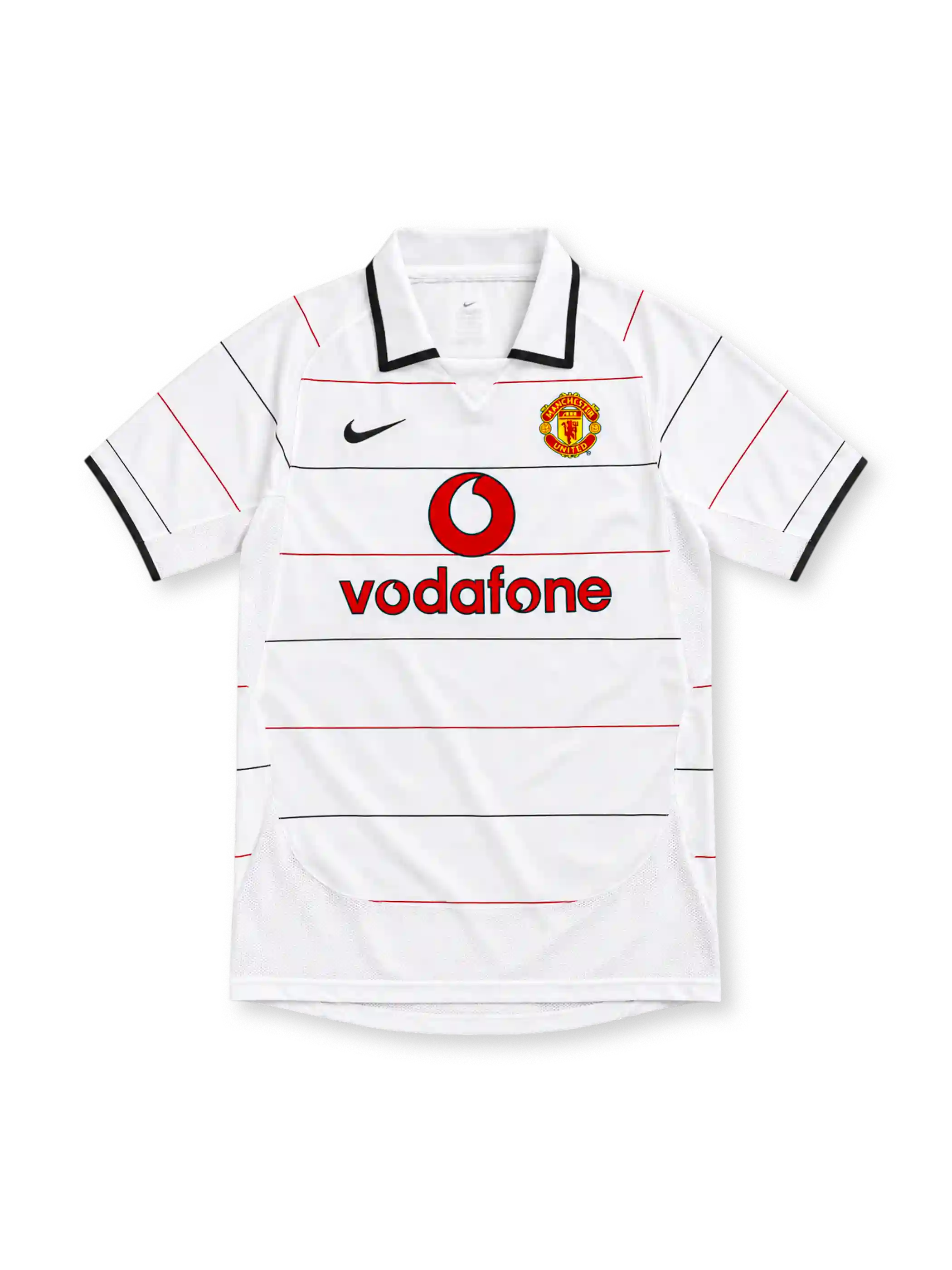 Manchester United white retro jersey with fine red-and-black horizontal pinstripes, white polo collar with black edging, black Nike Swoosh, club crest and red Vodafone sponsor.