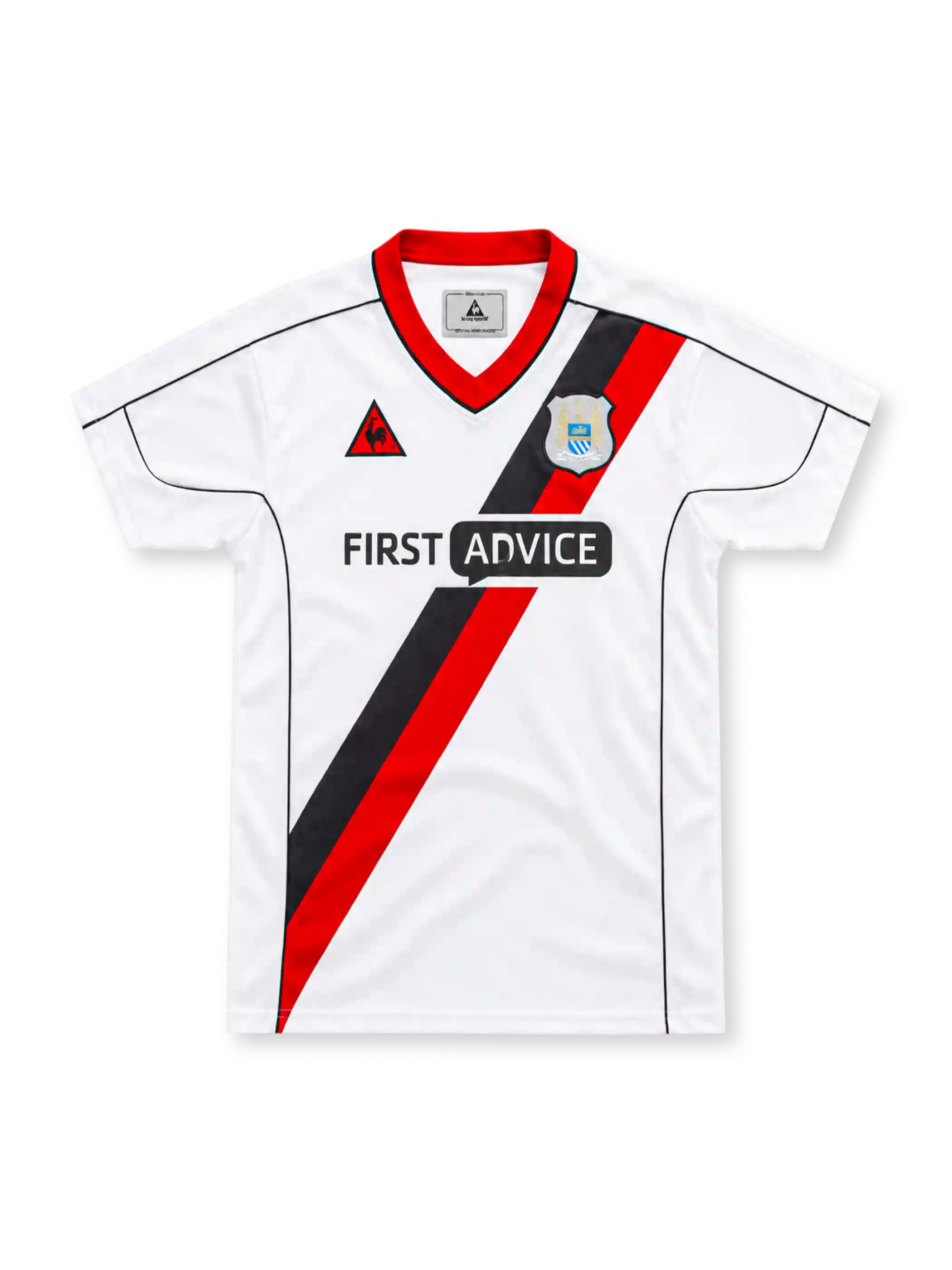 Manchester City 2002/03 white away jersey with a red and black diagonal sash, red V-neck collar, Le Coq Sportif logo, club crest, black piping and First Advice sponsor.