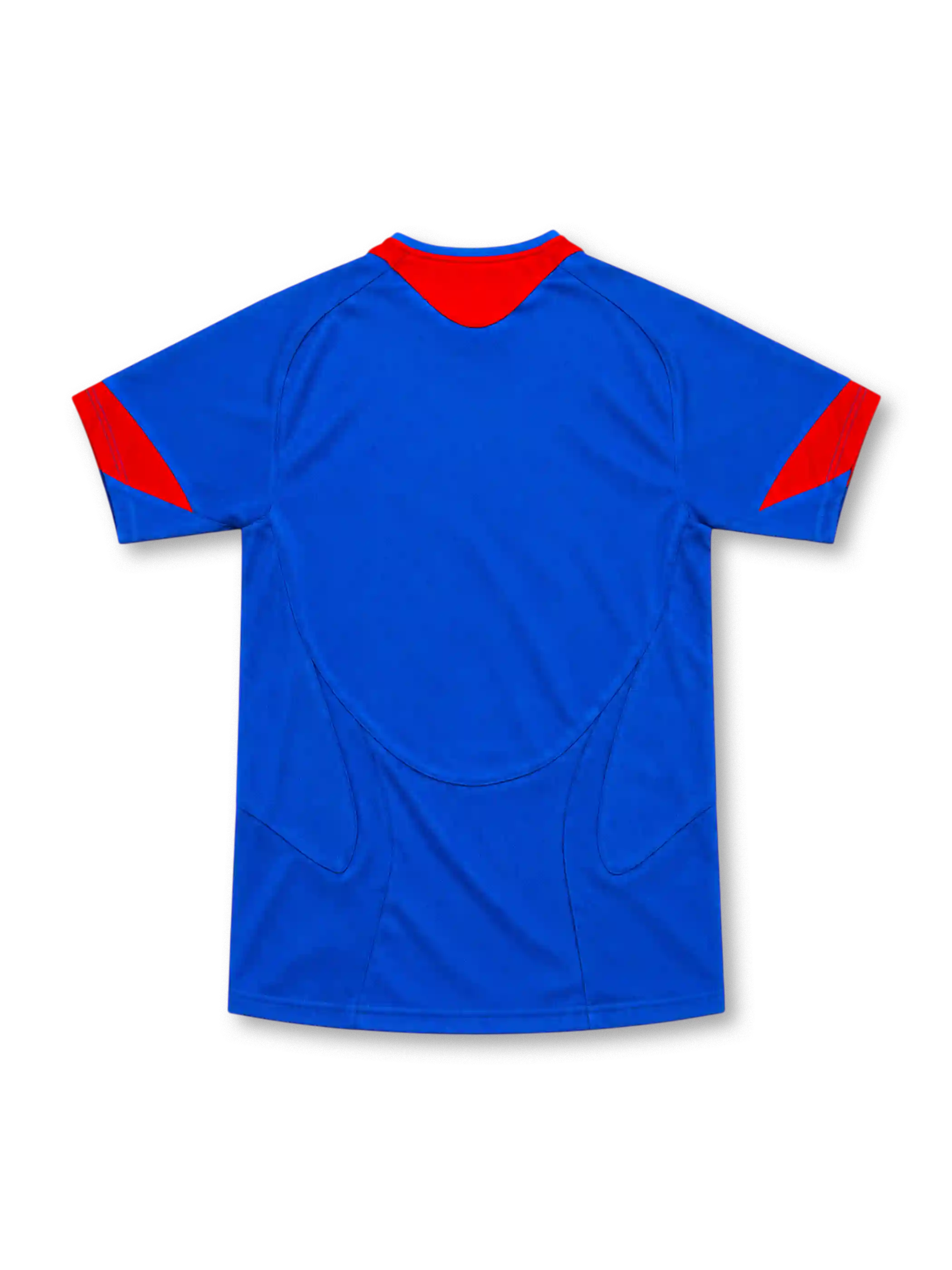 Manchester United 2005/06 royal-blue away jersey with red curved shoulder panels, red-trimmed V-neck collar, white Nike Swoosh, central club crest, white Vodafone sponsor and red side accents.