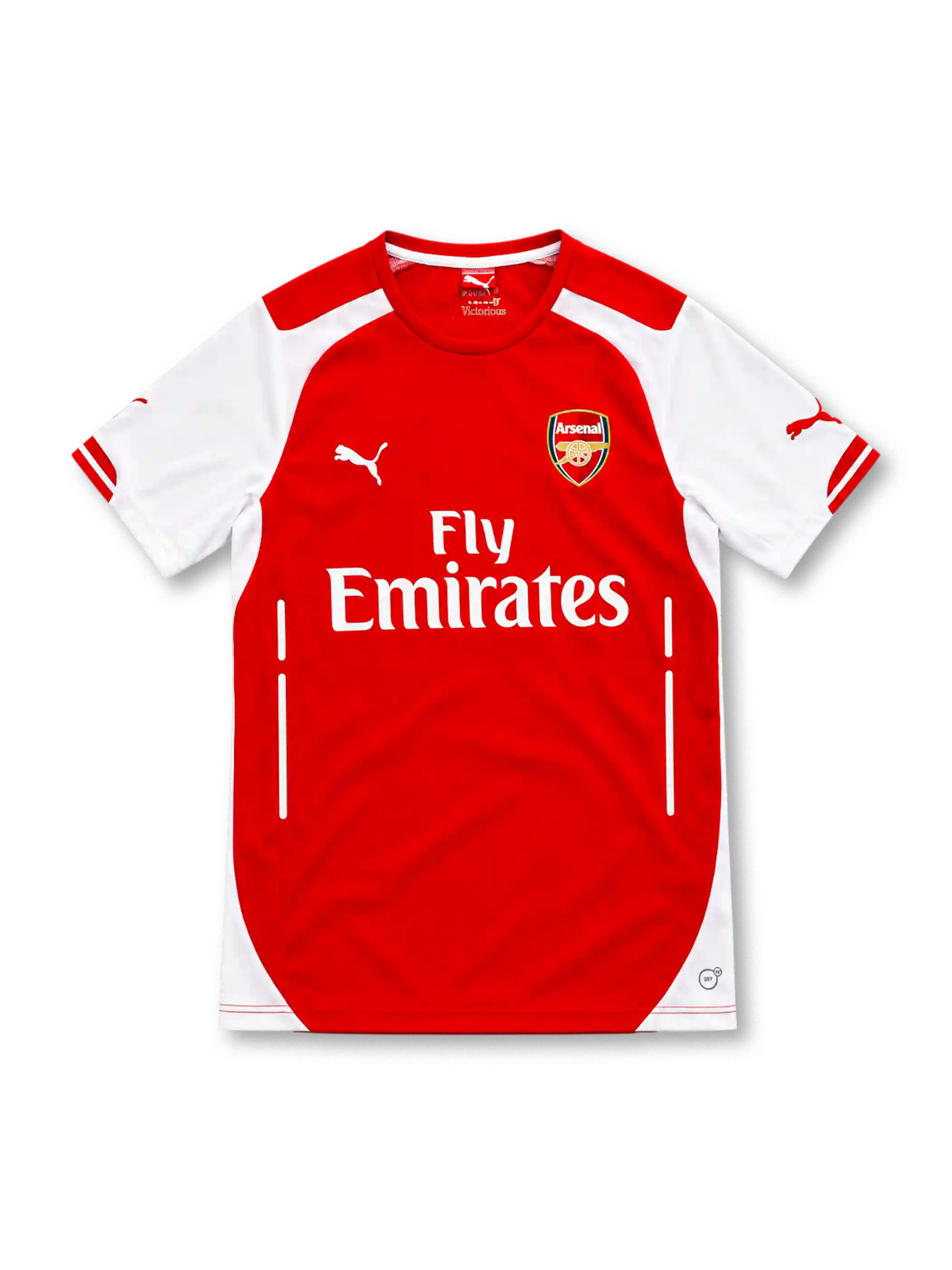 Arsenal 2014/15 red home jersey with white sleeves and side panels, red crew-neck collar, white Puma logos, Arsenal club crest, Fly Emirates sponsor and DryCell branding.