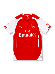 Arsenal 2014/15 red home jersey with white sleeves and side panels, red crew-neck collar, white Puma logos, Arsenal club crest, Fly Emirates sponsor and DryCell branding.