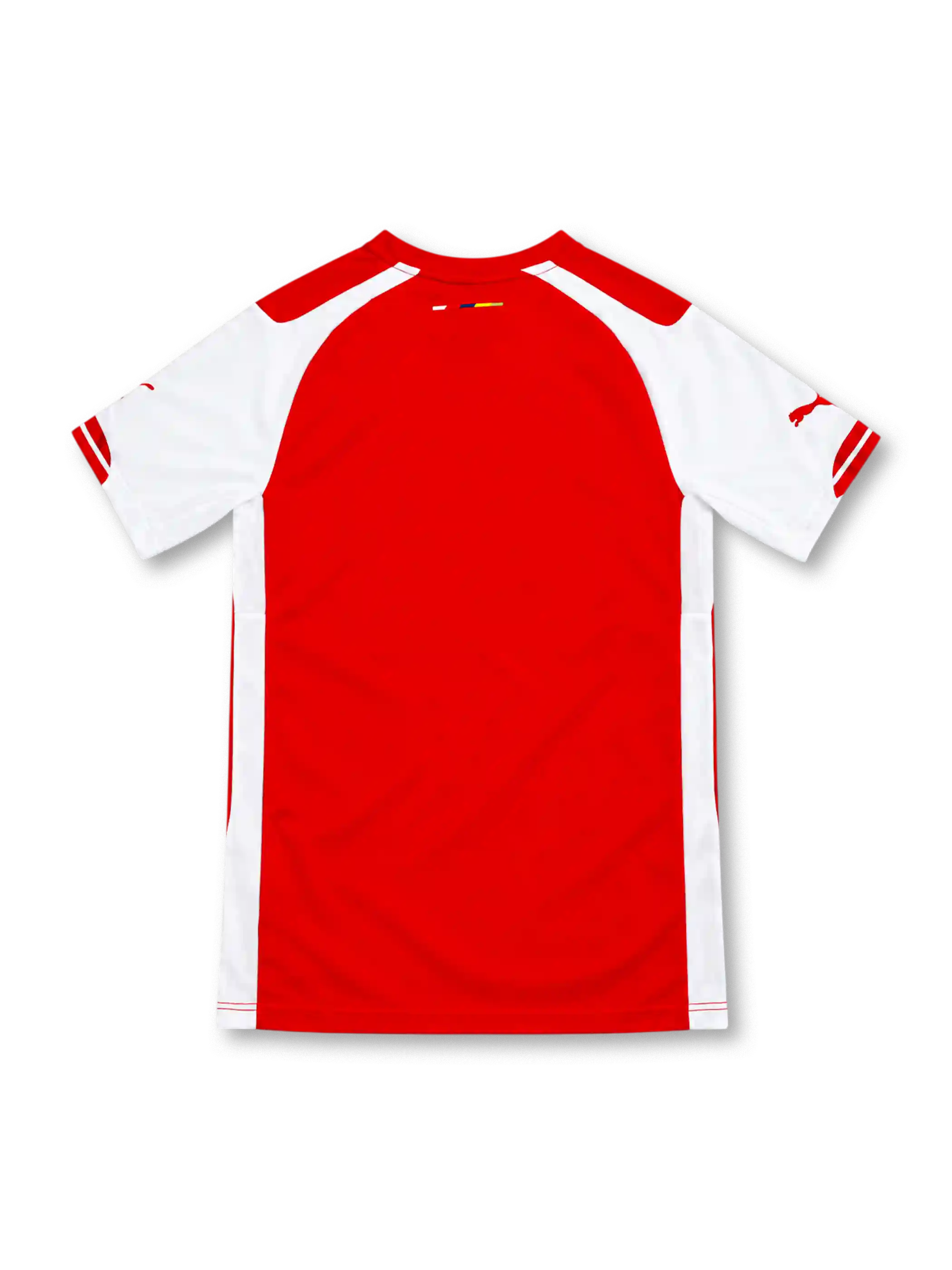 Arsenal 2014/15 red home jersey with white sleeves and side panels, red crew-neck collar, white Puma logos, Arsenal club crest, Fly Emirates sponsor and DryCell branding.