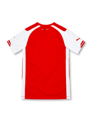 Arsenal 2014/15 red home jersey with white sleeves and side panels, red crew-neck collar, white Puma logos, Arsenal club crest, Fly Emirates sponsor and DryCell branding.