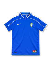 Brazil 1998 royal-blue away jersey featuring white shoulder piping, a blue collar with white trim, green Nike Swoosh, four-star CBF crest, Nike-Fit label and vintage hem tag.