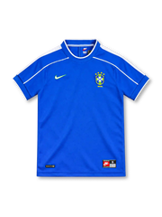 Brazil 1998 royal-blue away jersey featuring white shoulder piping, a blue collar with white trim, green Nike Swoosh, four-star CBF crest, Nike-Fit label and vintage hem tag.
