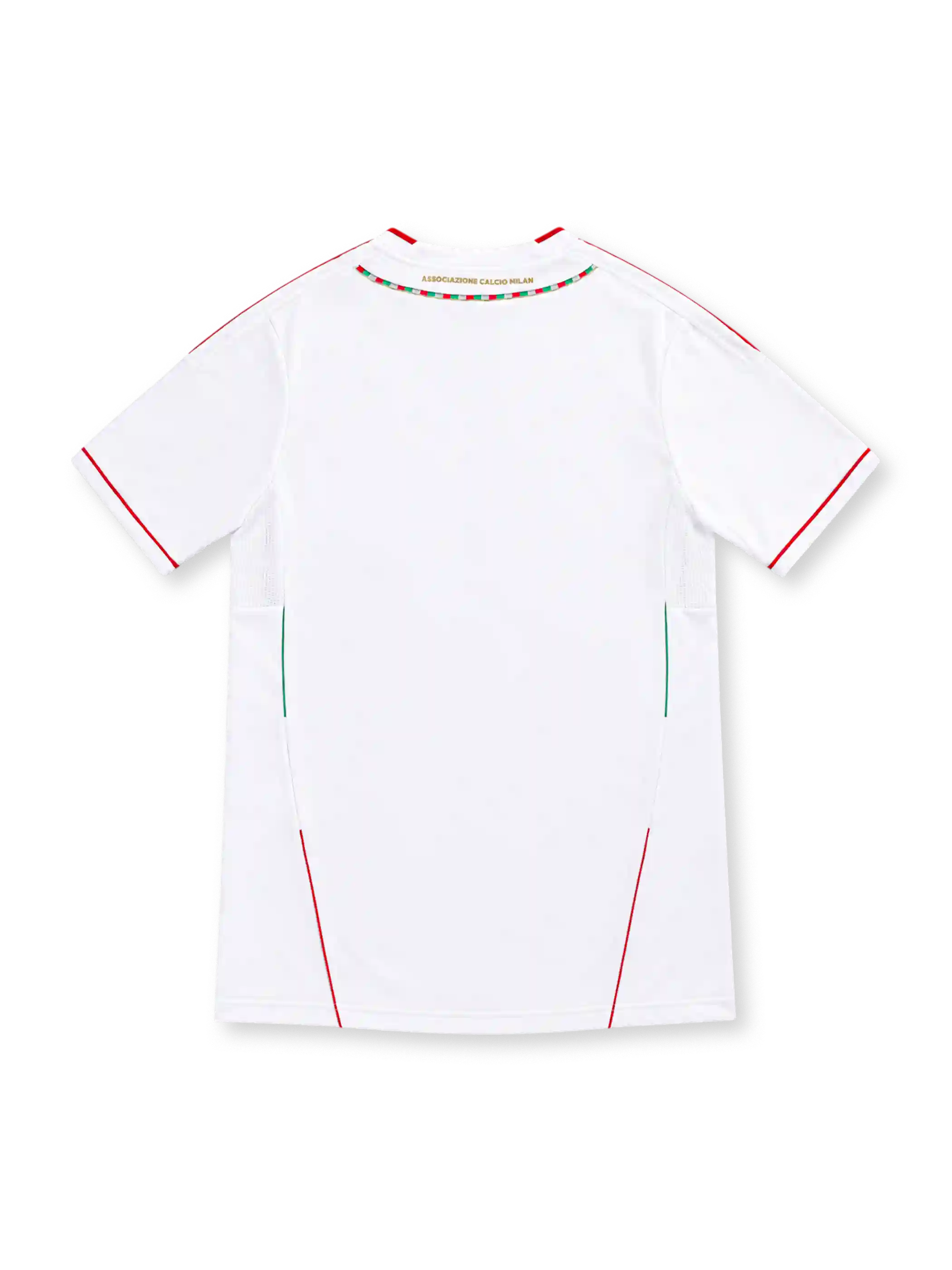 AC Milan 2011/12 white away jersey featuring asymmetric red-and-black vertical stripes, red V-neck trim, adidas shoulder stripes, club crest with gold star, red Fly Emirates sponsor and ClimaCool branding.