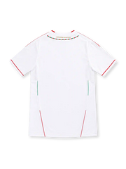 AC Milan 2011/12 white away jersey featuring asymmetric red-and-black vertical stripes, red V-neck trim, adidas shoulder stripes, club crest with gold star, red Fly Emirates sponsor and ClimaCool branding.