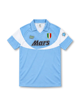 Napoli 1990/91 sky-blue home jersey with sweeping white chest and sleeve panels, blue polo collar, Ennerre logo, Italian Scudetto shield, black Mars sponsor and Napoli sleeve badge.
