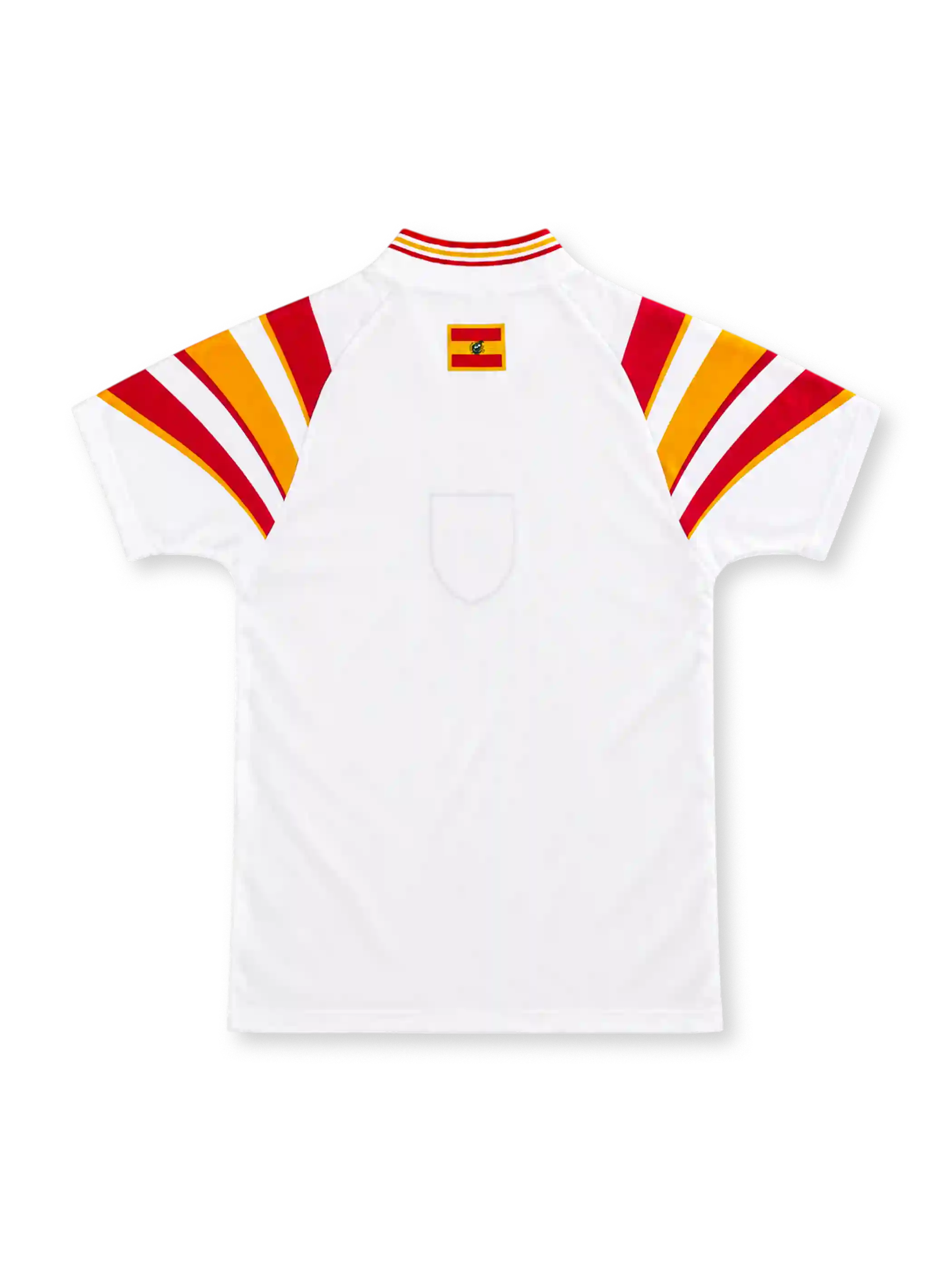 Spain 1996 white third jersey by adidas with sweeping red-and-yellow shoulder stripes, matching striped V-neck collar, red adidas wordmark, central Spanish federation crest and decorative hem patch.