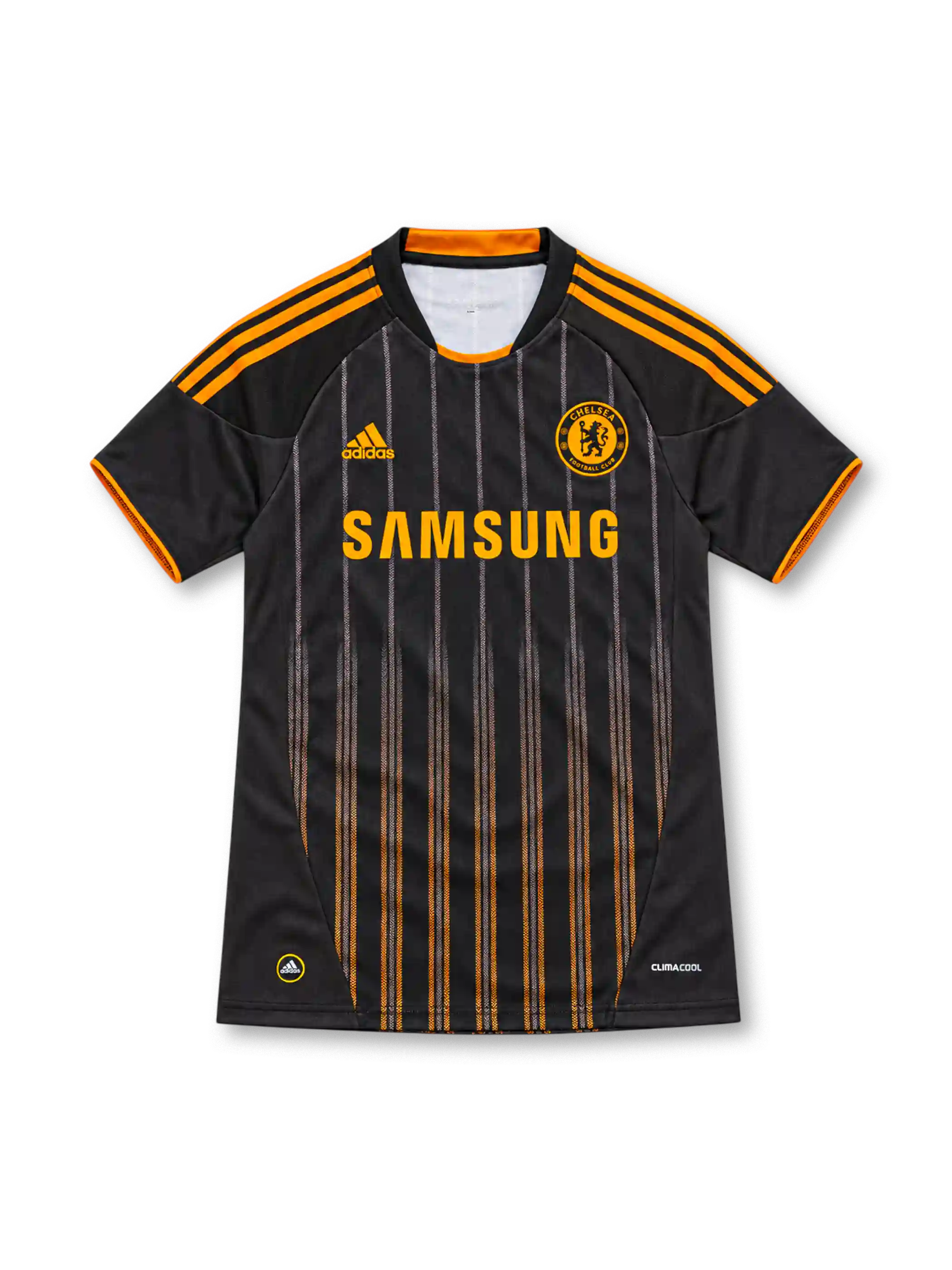 Chelsea 2010/11 black adidas away jersey featuring orange shoulder stripes, fine gray-to-orange vertical pinstripes, orange Chelsea crest, orange Samsung sponsor, round collar and ClimaCool branding.