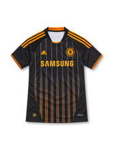 Chelsea 2010/11 black adidas away jersey featuring orange shoulder stripes, fine gray-to-orange vertical pinstripes, orange Chelsea crest, orange Samsung sponsor, round collar and ClimaCool branding.