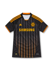 Chelsea 2010/11 black adidas away jersey featuring orange shoulder stripes, fine gray-to-orange vertical pinstripes, orange Chelsea crest, orange Samsung sponsor, round collar and ClimaCool branding.