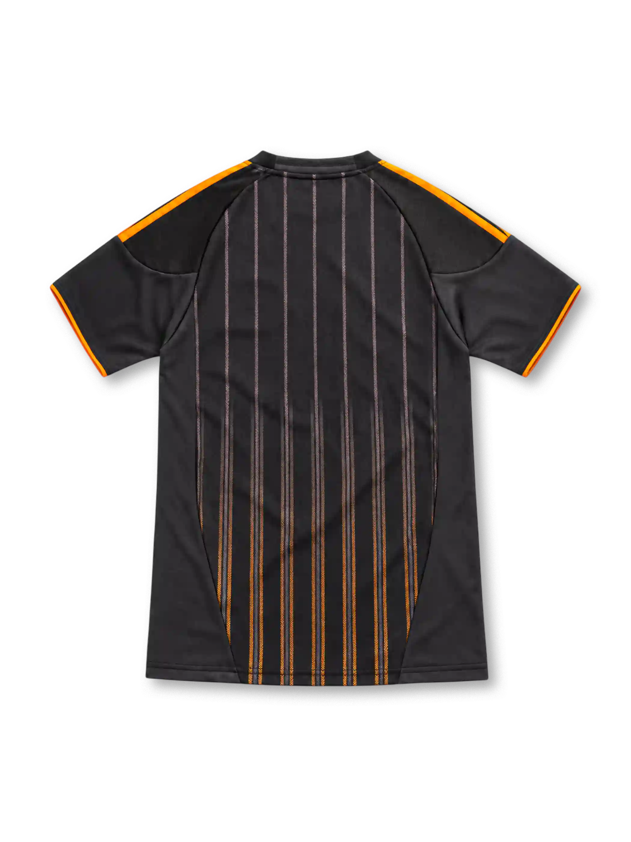 Chelsea 2010/11 black adidas away jersey featuring orange shoulder stripes, fine gray-to-orange vertical pinstripes, orange Chelsea crest, orange Samsung sponsor, round collar and ClimaCool branding.