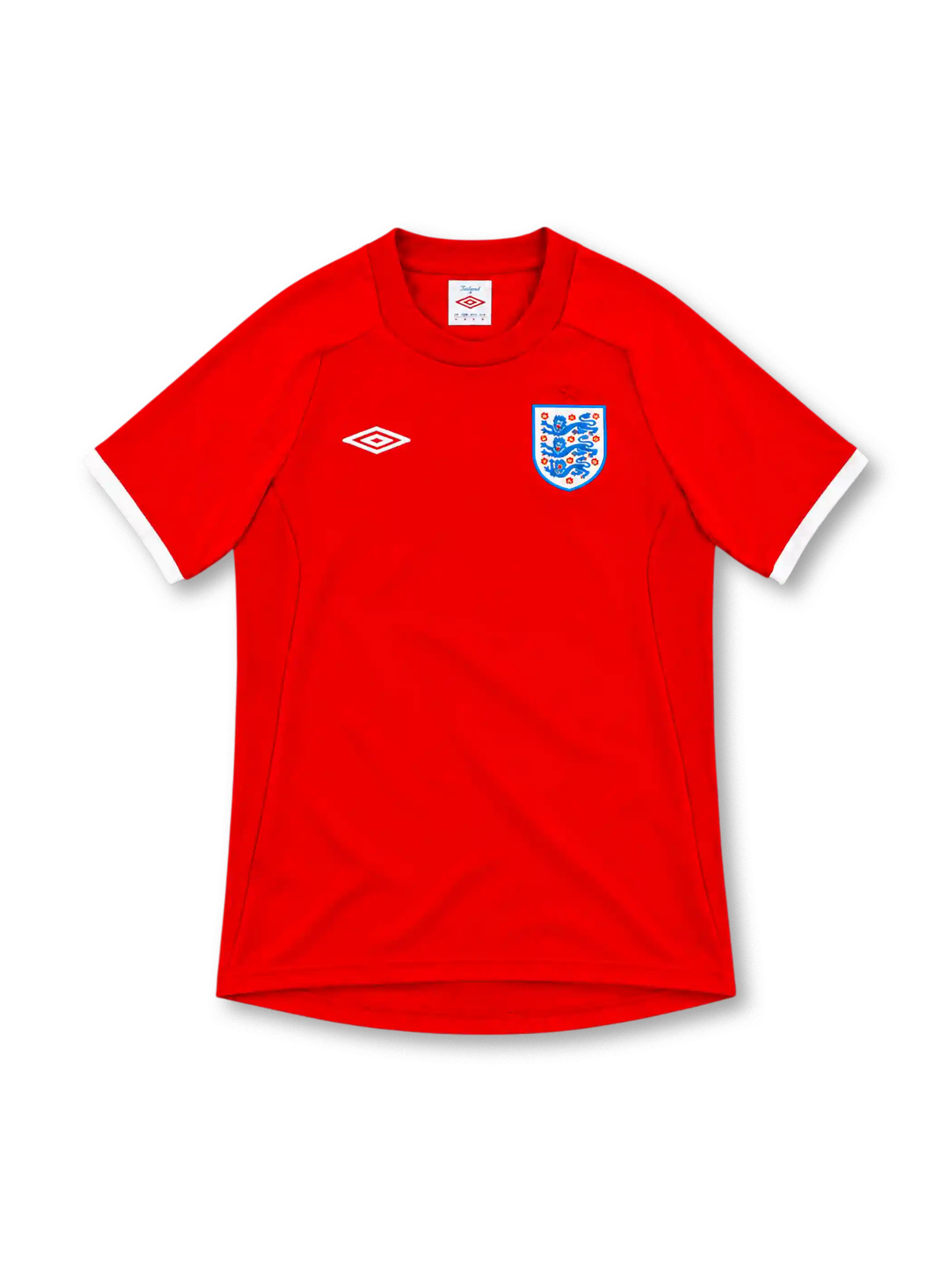 England 2010 red Umbro away jersey with a rounded crew-neck collar, white sleeve cuffs, white double-diamond Umbro logo, Three Lions crest, raglan shoulder seams and curved hem.