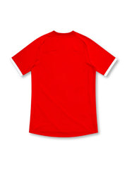 England 2010 red Umbro away jersey with a rounded crew-neck collar, white sleeve cuffs, white double-diamond Umbro logo, Three Lions crest, raglan shoulder seams and curved hem.