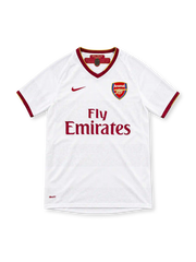 Arsenal 2007/08 white Nike away jersey featuring a claret V-neck collar with gold trim, matching sleeve cuffs, claret Nike Swoosh, Arsenal crest, Fly Emirates sponsor and commemorative inner-neck detail.