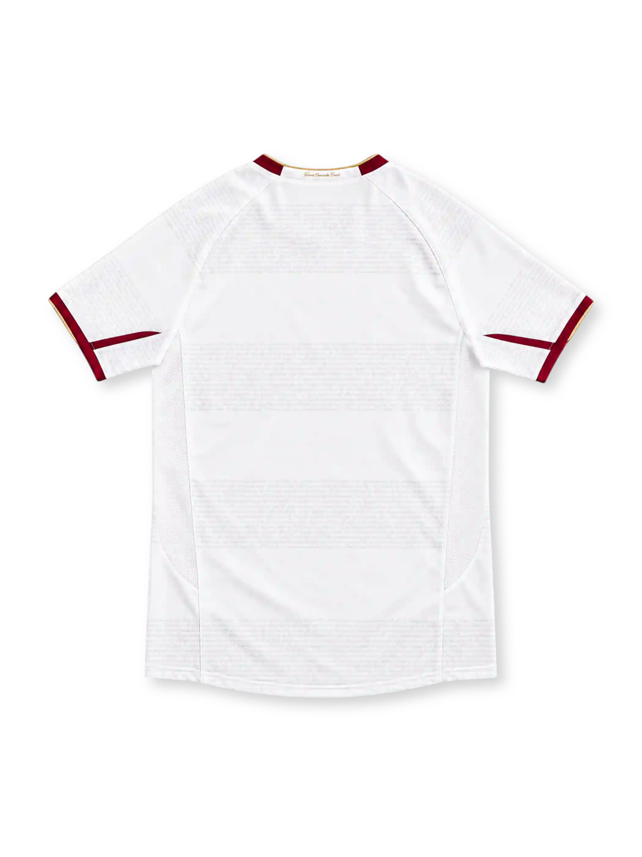 Arsenal 2007/08 white Nike away jersey featuring a claret V-neck collar with gold trim, matching sleeve cuffs, claret Nike Swoosh, Arsenal crest, Fly Emirates sponsor and commemorative inner-neck detail.