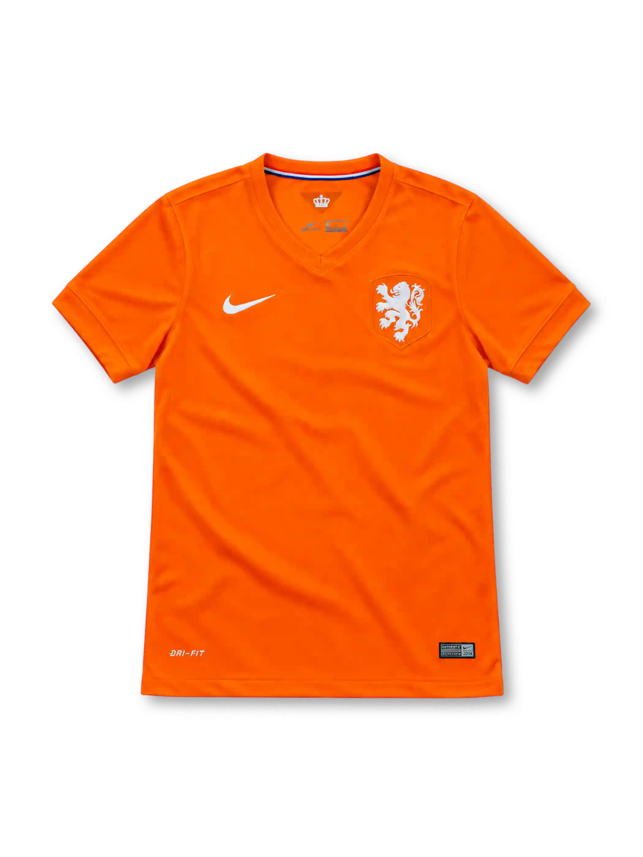 Netherlands 2014 orange Nike home jersey with tonal V-neck collar, white Nike Swoosh, commemorative white lion crest, tricolor inner-neck trim, crown emblem, Dri-FIT branding and Authentic hem label.