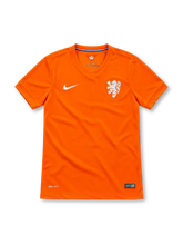 Netherlands 2014 orange Nike home jersey with tonal V-neck collar, white Nike Swoosh, commemorative white lion crest, tricolor inner-neck trim, crown emblem, Dri-FIT branding and Authentic hem label.