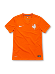 Netherlands 2014 orange Nike home jersey with tonal V-neck collar, white Nike Swoosh, commemorative white lion crest, tricolor inner-neck trim, crown emblem, Dri-FIT branding and Authentic hem label.