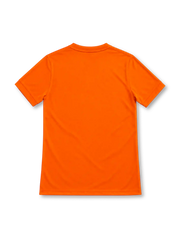 Netherlands 2014 orange Nike home jersey with tonal V-neck collar, white Nike Swoosh, commemorative white lion crest, tricolor inner-neck trim, crown emblem, Dri-FIT branding and Authentic hem label.