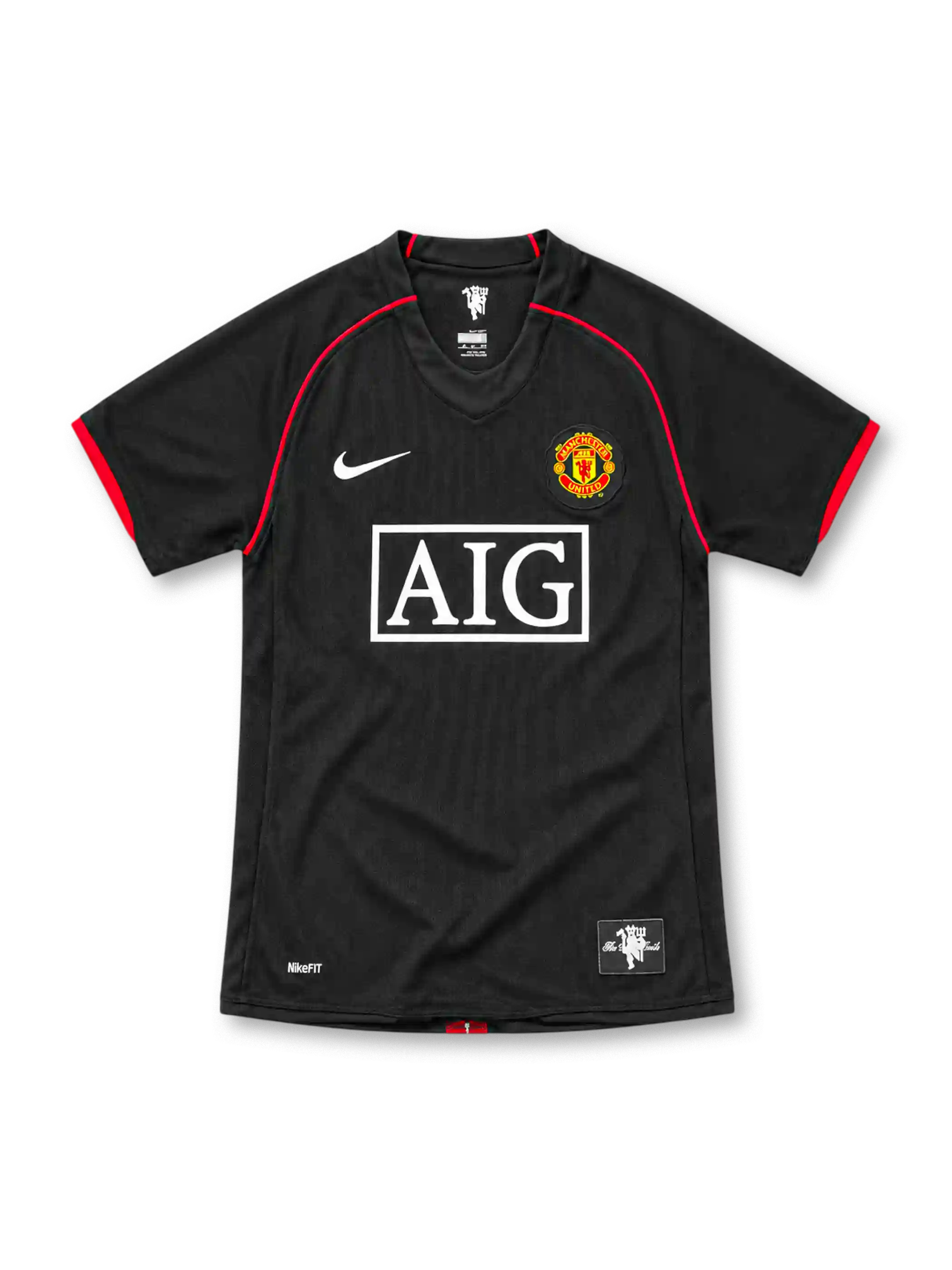 Manchester United 2007/08 black Nike away jersey with red curved shoulder piping, black V-neck collar, white Nike Swoosh, Manchester United crest, rectangular white AIG sponsor and NikeFIT branding.
