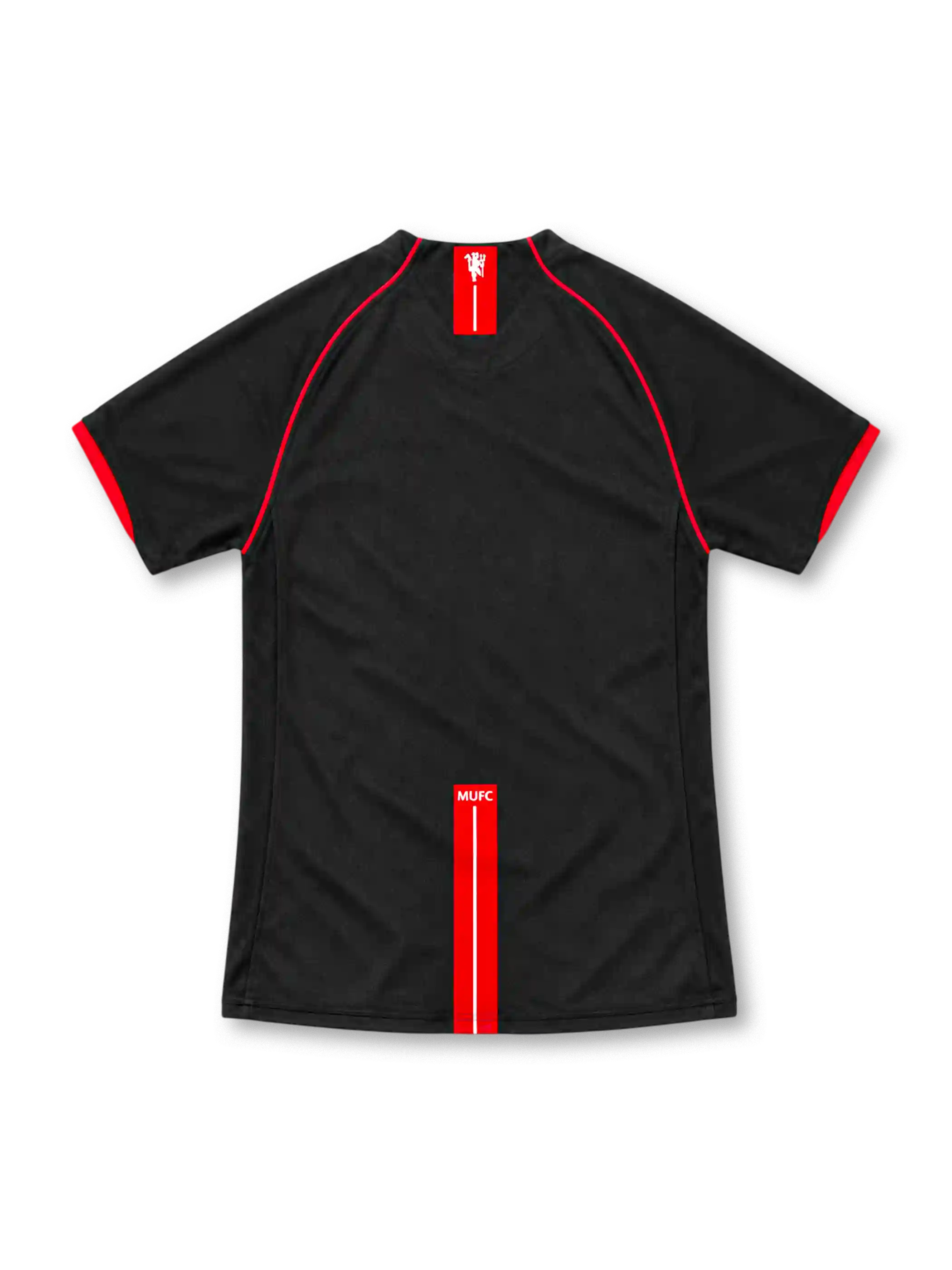 Manchester United 2007/08 black Nike away jersey with red curved shoulder piping, black V-neck collar, white Nike Swoosh, Manchester United crest, rectangular white AIG sponsor and NikeFIT branding.