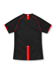 Manchester United 2007/08 black Nike away jersey with red curved shoulder piping, black V-neck collar, white Nike Swoosh, Manchester United crest, rectangular white AIG sponsor and NikeFIT branding.