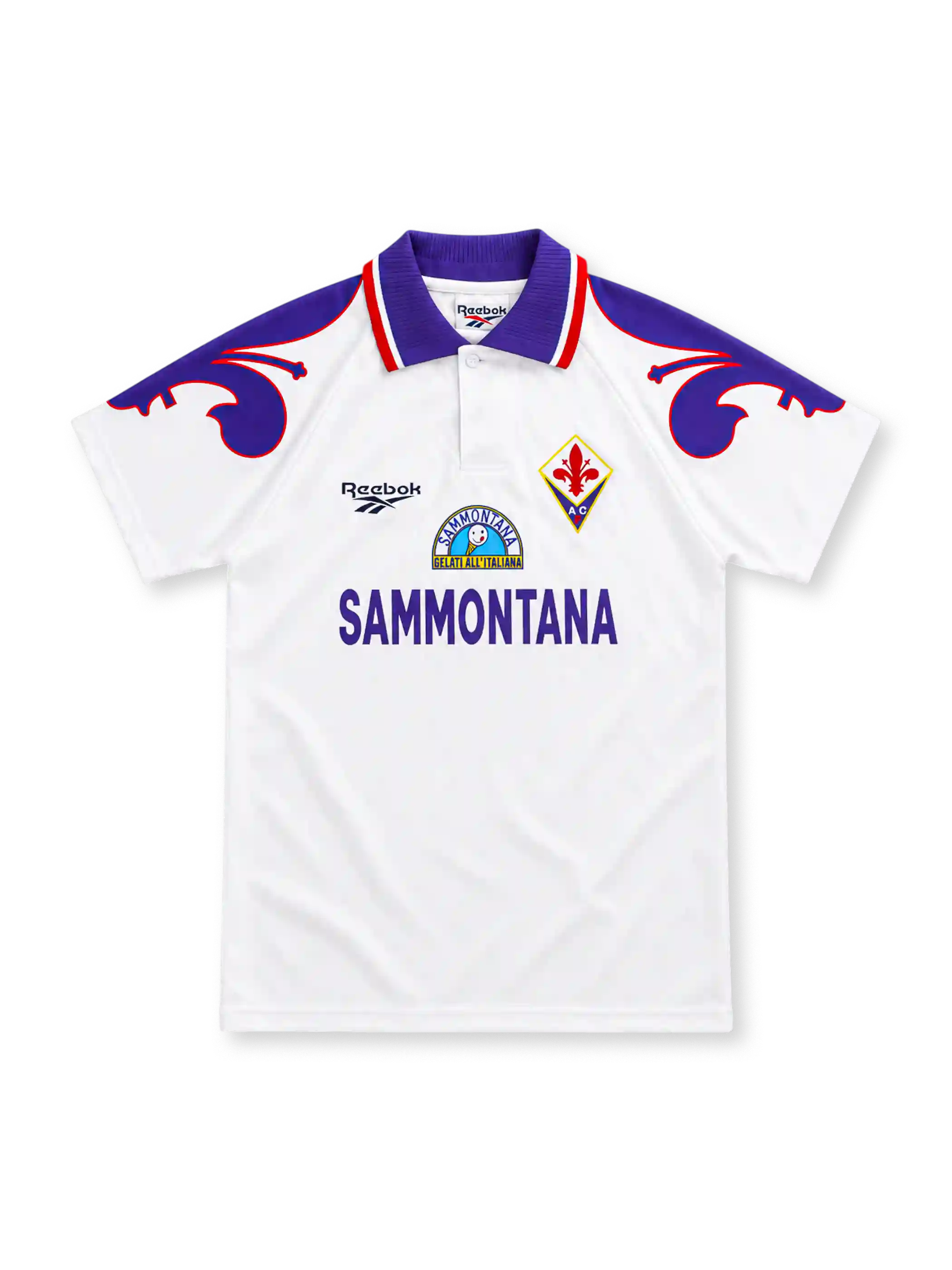 Fiorentina 1995/96 white Reebok away jersey with a purple polo collar, red-and-white trim, oversized purple lily shoulder graphics, Fiorentina diamond crest and purple Sammontana sponsor lettering.