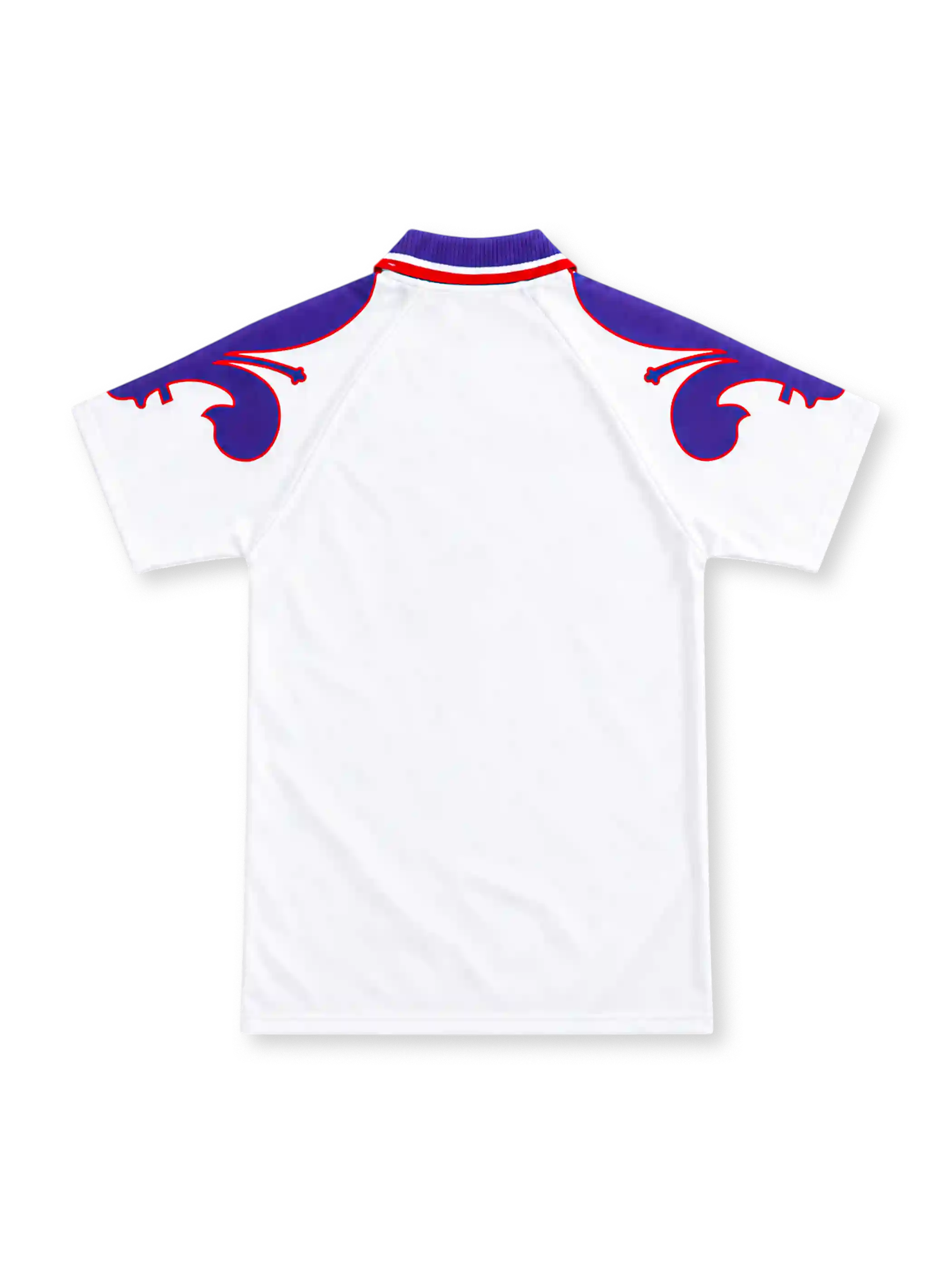 Fiorentina 1995/96 white Reebok away jersey with a purple polo collar, red-and-white trim, oversized purple lily shoulder graphics, Fiorentina diamond crest and purple Sammontana sponsor lettering.