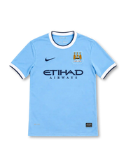 Manchester City 2013/14 sky-blue Nike home jersey featuring a white crew-neck collar with navy trim, white sleeve cuffs, navy Nike Swoosh, three-star club crest, Etihad Airways sponsor and Authentic hem label.