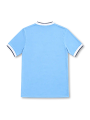 Manchester City 2013/14 sky-blue Nike home jersey featuring a white crew-neck collar with navy trim, white sleeve cuffs, navy Nike Swoosh, three-star club crest, Etihad Airways sponsor and Authentic hem label.