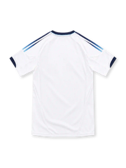 Chelsea 2012/13 white adidas away jersey with a light-aqua diagonal sash, navy V-neck collar and sleeve cuffs, fading three stripes on the shoulders, Chelsea crest, Samsung sponsor and ClimaCool branding.