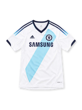 Chelsea 2012/13 white adidas away jersey with a light-aqua diagonal sash, navy V-neck collar and sleeve cuffs, fading three stripes on the shoulders, Chelsea crest, Samsung sponsor and ClimaCool branding.