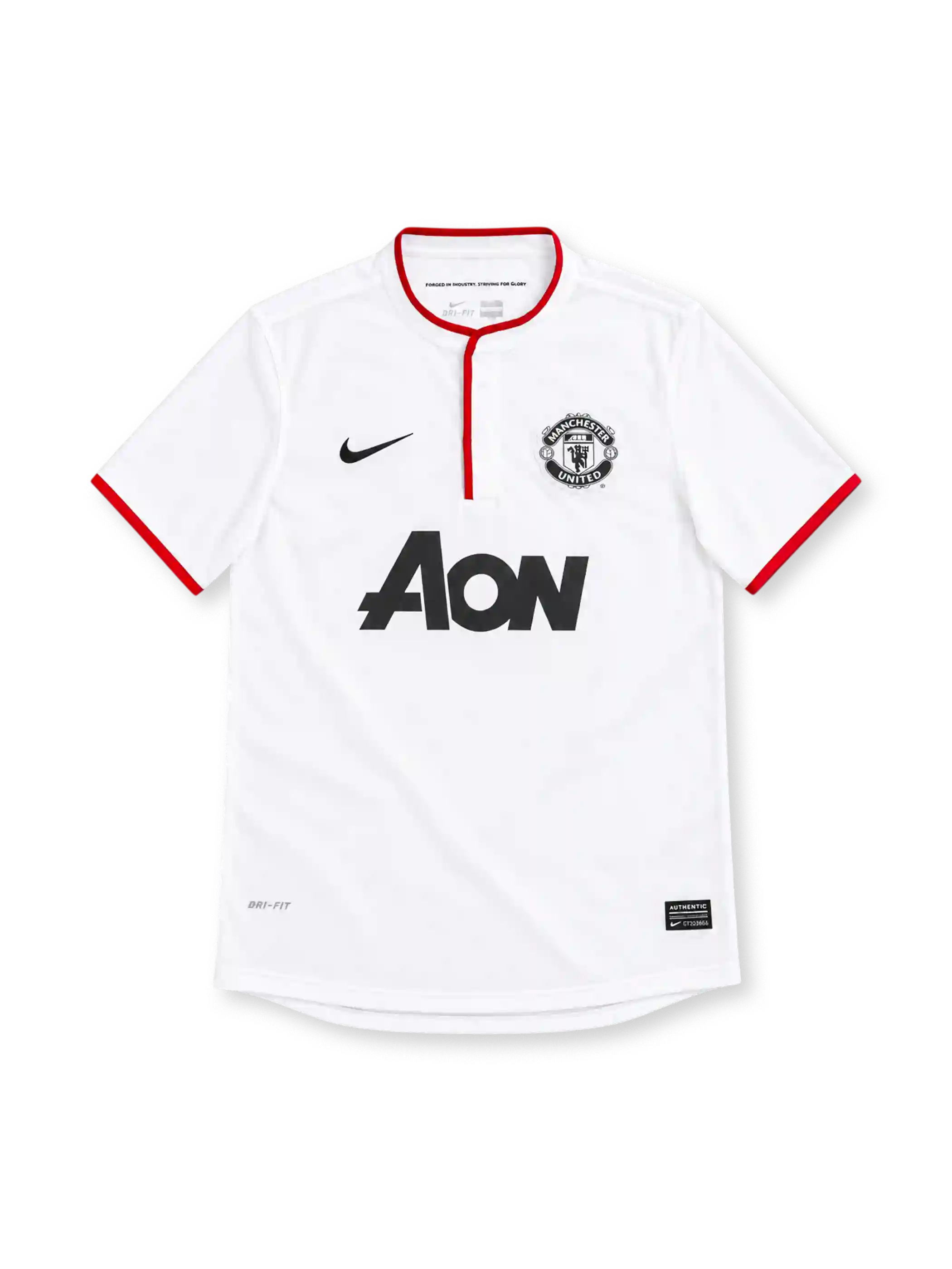 Manchester United 2012/13 white Nike away jersey featuring a red-trimmed Henley collar, red sleeve cuffs, black Nike Swoosh, monochrome club crest, black Aon sponsor and Dri-FIT branding.