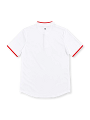Manchester United 2012/13 white Nike away jersey featuring a red-trimmed Henley collar, red sleeve cuffs, black Nike Swoosh, monochrome club crest, black Aon sponsor and Dri-FIT branding.