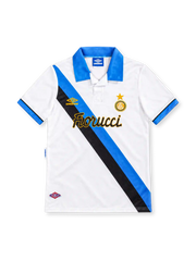 Inter Milan 1994/95 white Umbro away jersey featuring a blue-and-black diagonal sash, bright blue polo collar, blue-and-black sleeve cuffs, gold Umbro logo, star-topped Inter crest and Fiorucci sponsor.