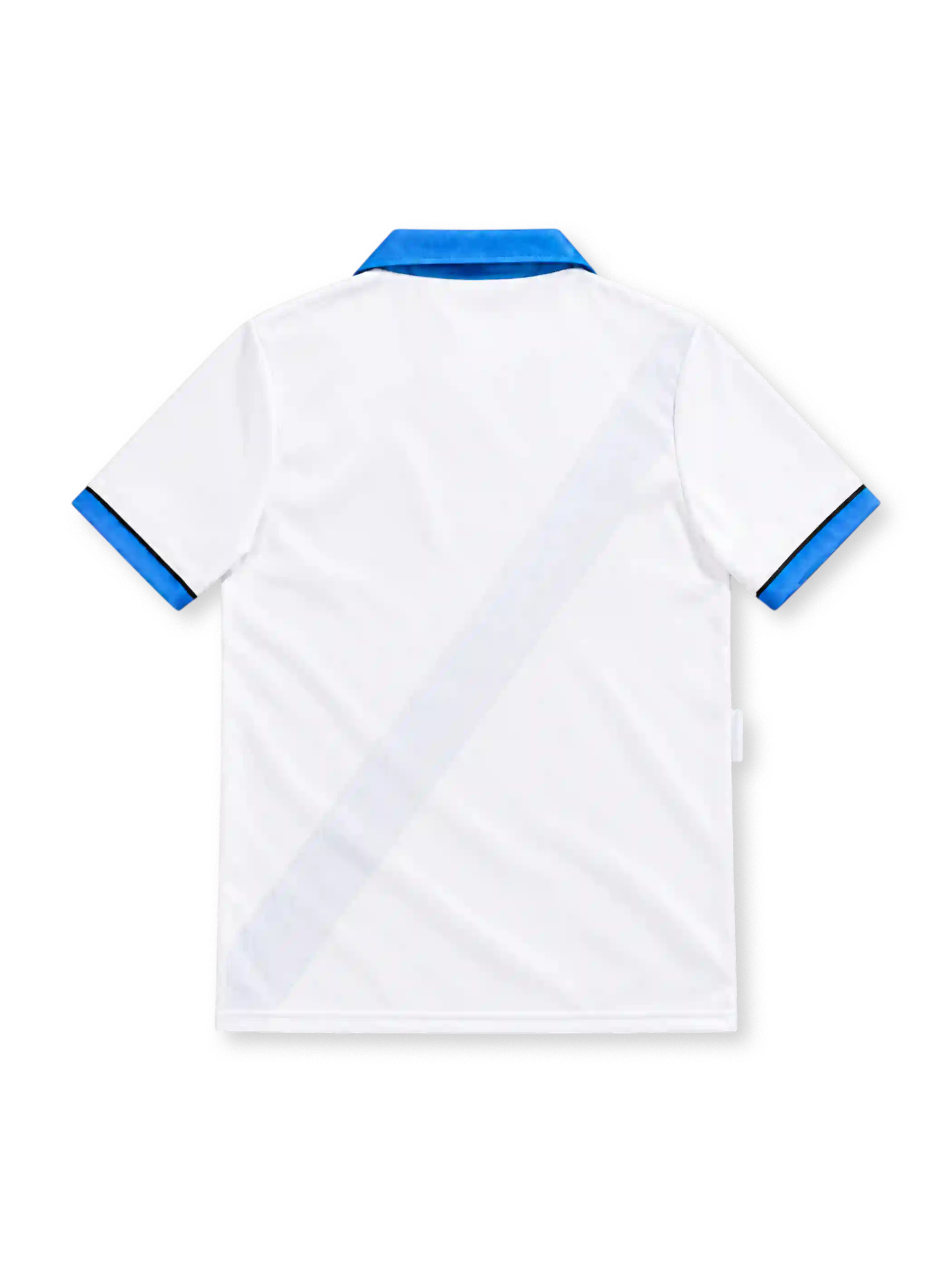 Inter Milan 1994/95 white Umbro away jersey featuring a blue-and-black diagonal sash, bright blue polo collar, blue-and-black sleeve cuffs, gold Umbro logo, star-topped Inter crest and Fiorucci sponsor.