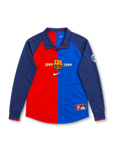 Barcelona 1999/00 Nike centenary home long sleeve jersey with half-red and half-blue front, navy collar and sleeves, gold 1899 and 1999 lettering, central Barcelona crest, gold Nike Swoosh and anniversary sleeve patch.