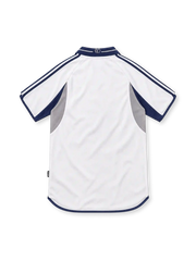 Real Madrid 2000/01 white adidas home jersey featuring navy polo collar, navy shoulder stripes, grey and navy curved side panels, crowned club crest, navy Teka sponsor and curved hem.