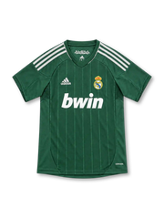Real Madrid 2012/13 green adidas third jersey featuring subtle vertical pinstripes, white shoulder stripes, white adidas logo, full-color crowned club crest, white bwin sponsor and ClimaCool branding.