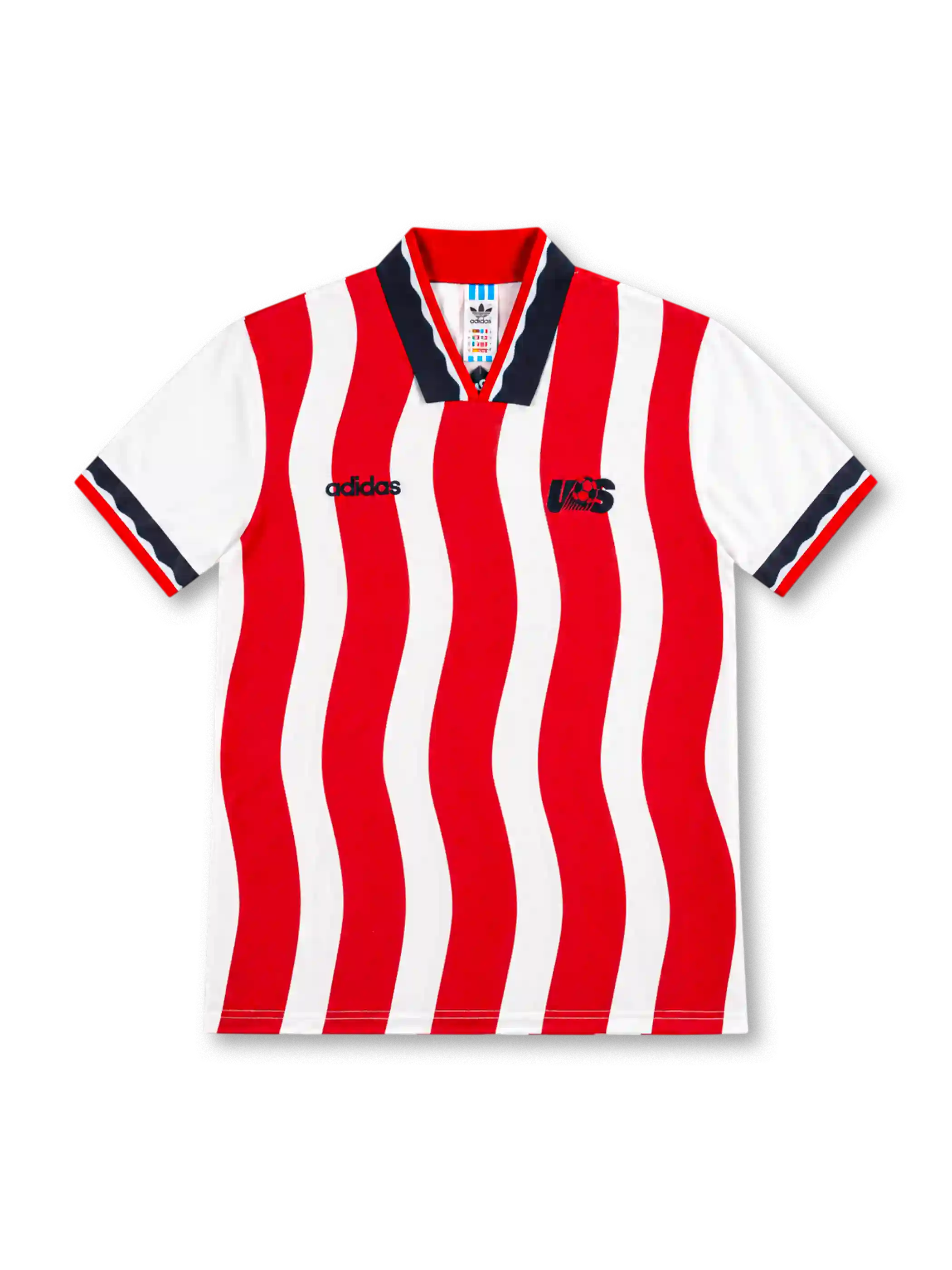 United States 1994 adidas home jersey with red and white wavy vertical stripes, white short sleeves, navy and red polo collar, contrasting sleeve cuffs, dark navy adidas lettering and stylized USA chest emblem.