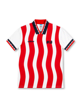 United States 1994 adidas home jersey with red and white wavy vertical stripes, white short sleeves, navy and red polo collar, contrasting sleeve cuffs, dark navy adidas lettering and stylized USA chest emblem.