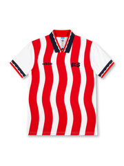 United States 1994 adidas home jersey with red and white wavy vertical stripes, white short sleeves, navy and red polo collar, contrasting sleeve cuffs, dark navy adidas lettering and stylized USA chest emblem.