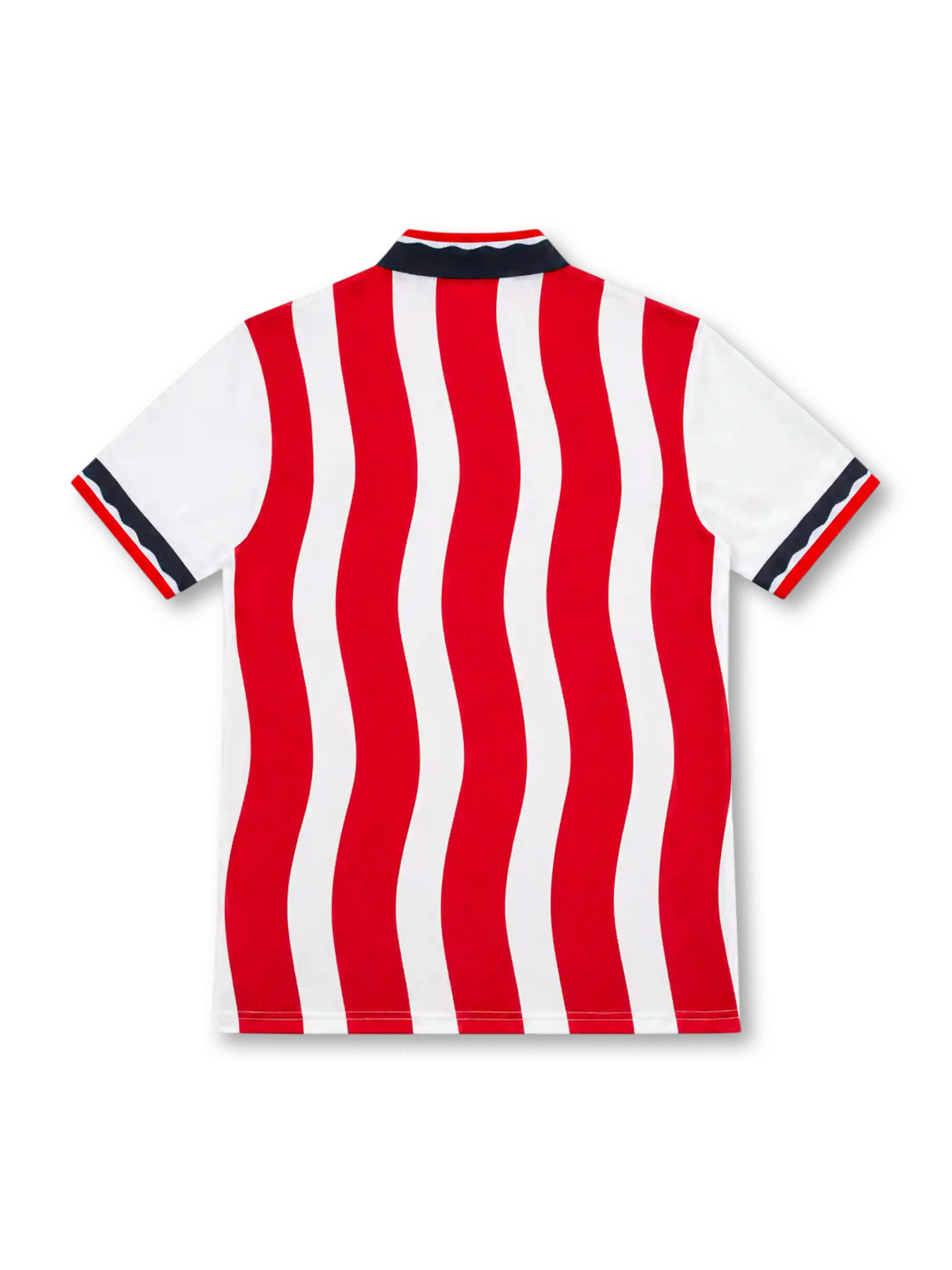 United States 1994 adidas home jersey with red and white wavy vertical stripes, white short sleeves, navy and red polo collar, contrasting sleeve cuffs, dark navy adidas lettering and stylized USA chest emblem.