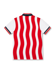 United States 1994 adidas home jersey with red and white wavy vertical stripes, white short sleeves, navy and red polo collar, contrasting sleeve cuffs, dark navy adidas lettering and stylized USA chest emblem.