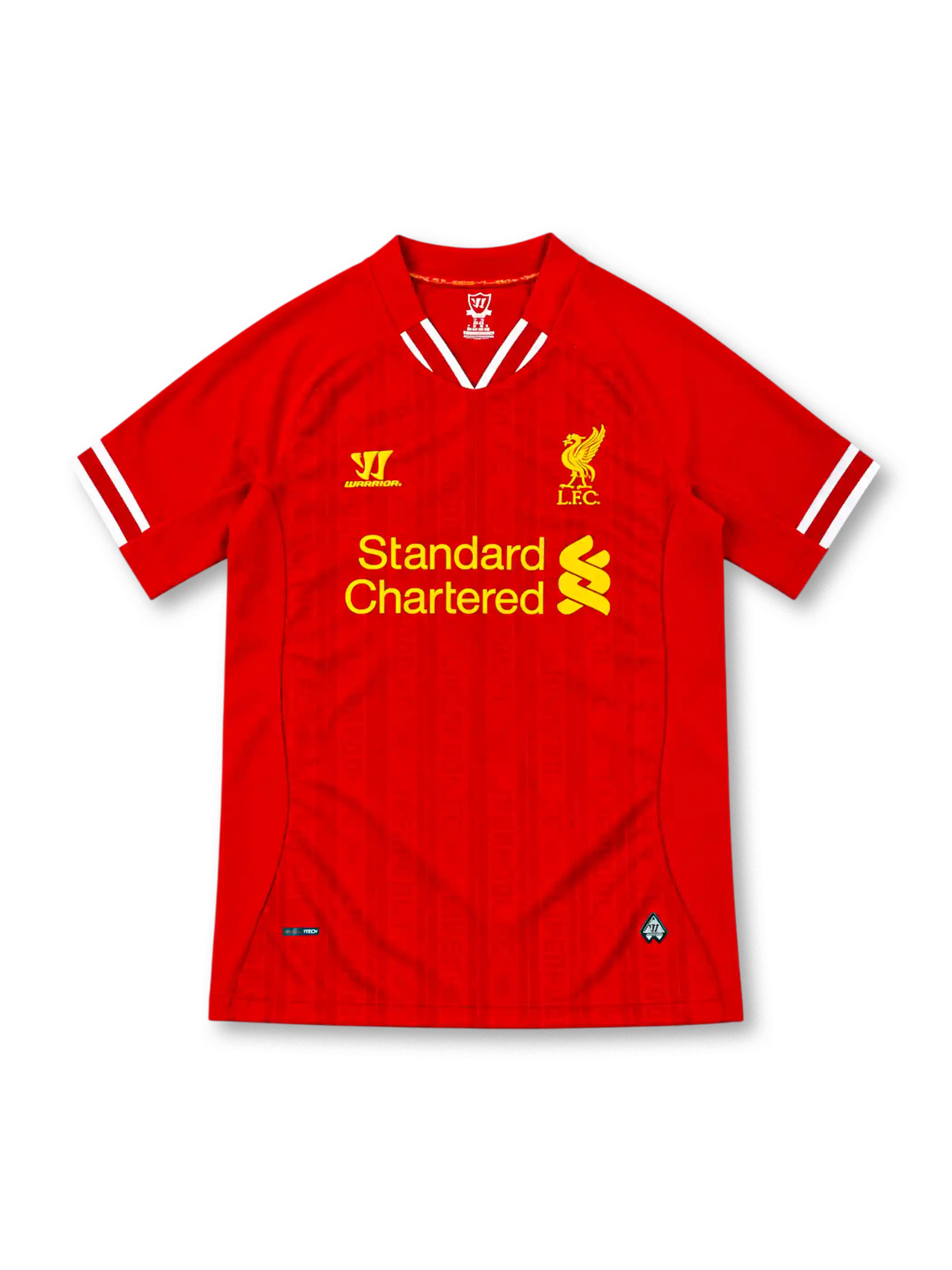 Liverpool 2013/14 red Warrior home jersey featuring subtle tonal pinstripes, white-trimmed V-shaped collar and sleeve cuffs, yellow Warrior logo, yellow Liver Bird crest and Standard Chartered sponsor.