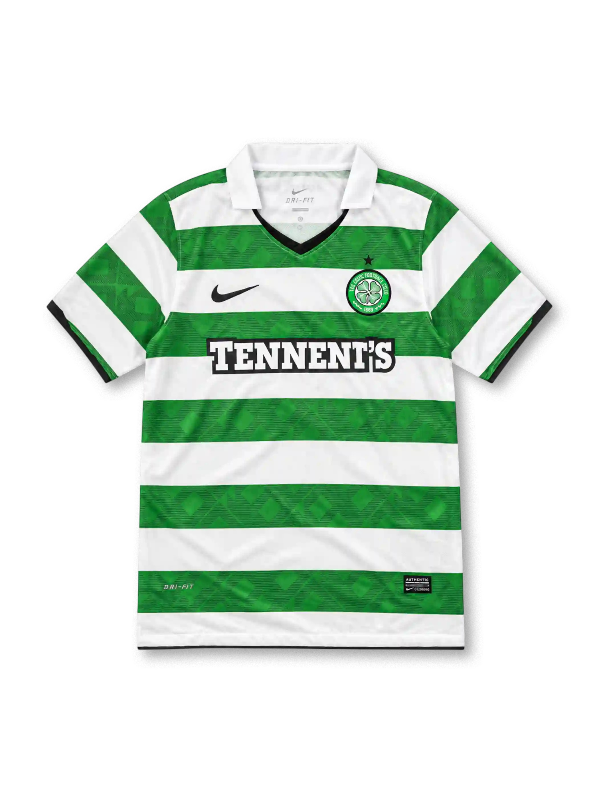 Celtic 2010/12 green and white Nike home jersey with horizontal hoops, tonal 1888 patterns, white polo collar, black V-neck trim, black Nike Swoosh, star-topped Celtic crest and Tennent's sponsor.