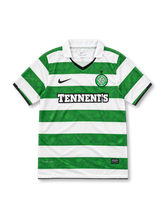 Celtic 2010/12 green and white Nike home jersey with horizontal hoops, tonal 1888 patterns, white polo collar, black V-neck trim, black Nike Swoosh, star-topped Celtic crest and Tennent's sponsor.