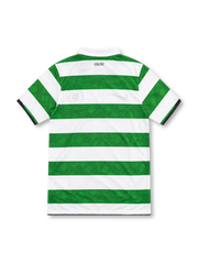 Celtic 2010/12 green and white Nike home jersey with horizontal hoops, tonal 1888 patterns, white polo collar, black V-neck trim, black Nike Swoosh, star-topped Celtic crest and Tennent's sponsor.